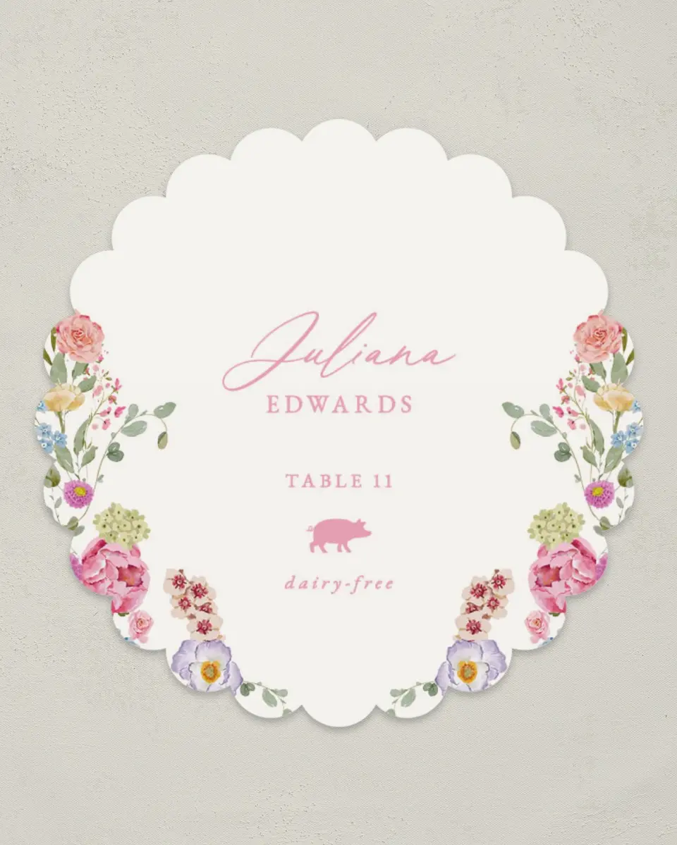 This is a 3.5" Circle Wedding Place Card called The Florence printed in full color on Premium Smooth paper