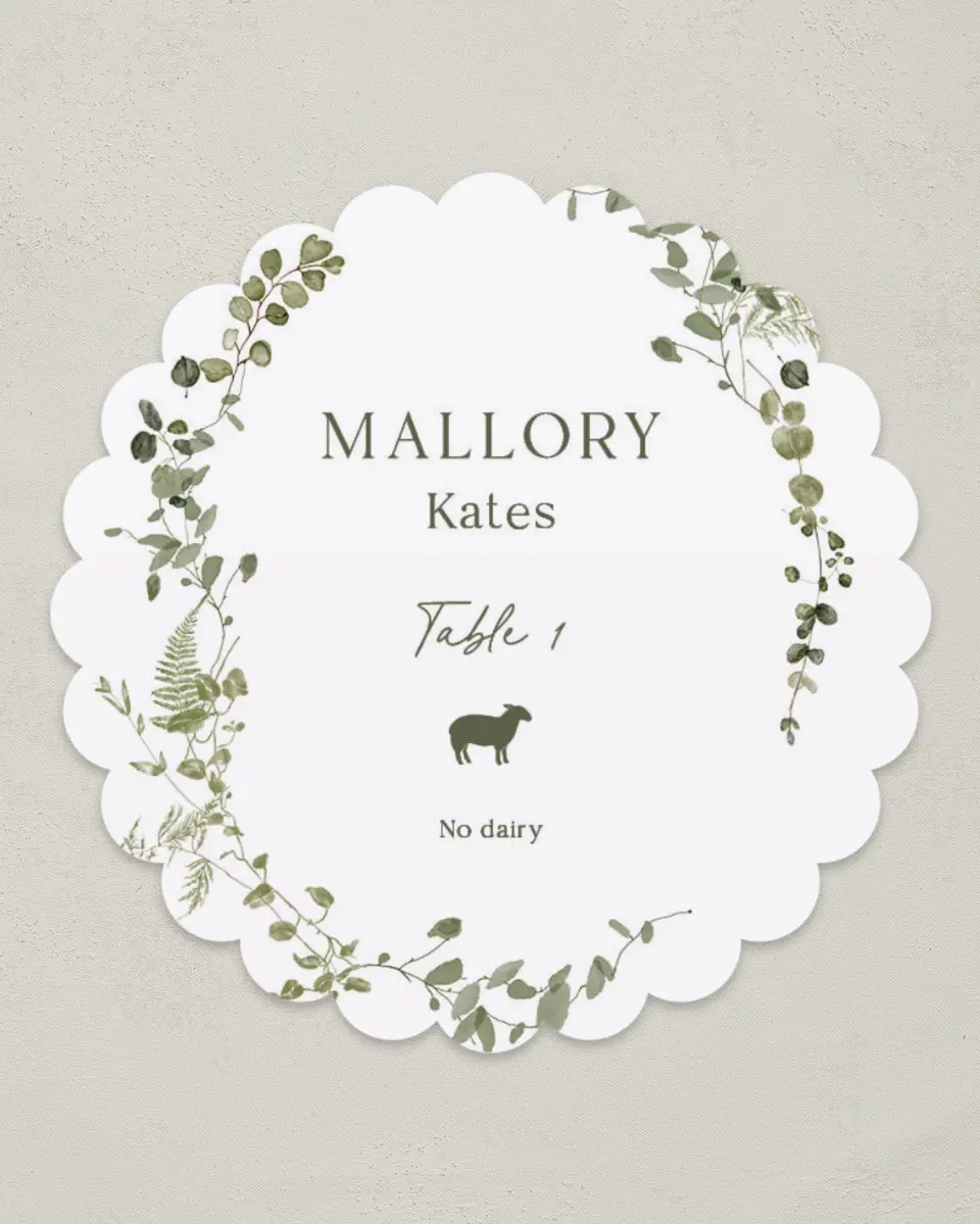 This is a 3.5" Circle Wedding Place Card called The Hailey printed in full color on Premium Smooth paper