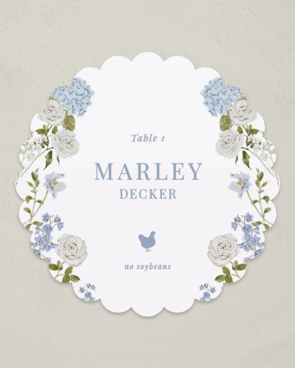This is a 3.5" Circle Wedding Place Card called Blue Blossoms printed in full color on Premium Smooth paper