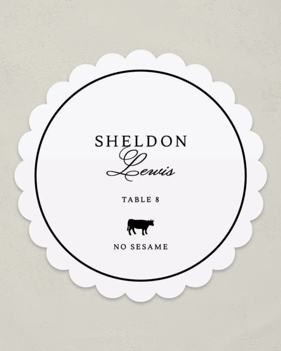 This is a 3.5" Circle Wedding Place Card called Elegant Tradition printed in full color on Premium Smooth paper