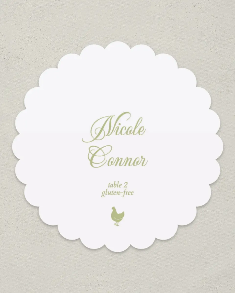 This is a 3.5" Circle Wedding Place Card called Southern Belle printed in full color on Premium Smooth paper
