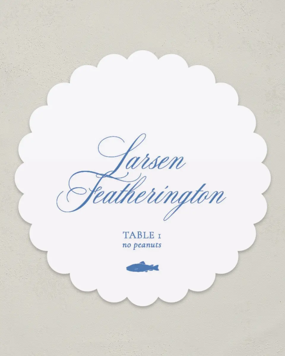 This is a 3.5" Circle Wedding Place Card called Bradley printed in full color on Premium Smooth paper