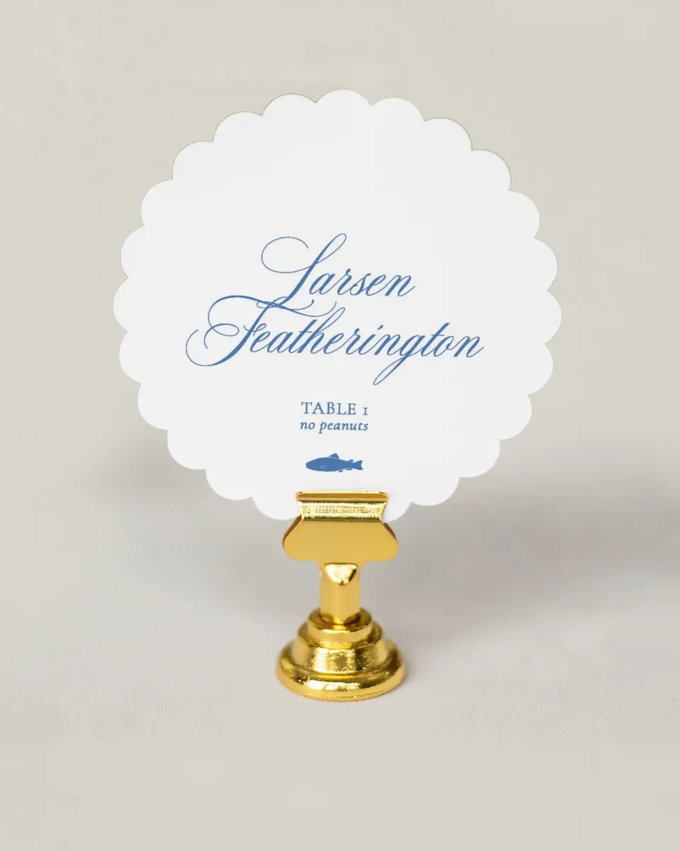 This is a 3.5" Circle Wedding Place Card called Bradley printed in full color on Premium Smooth paper