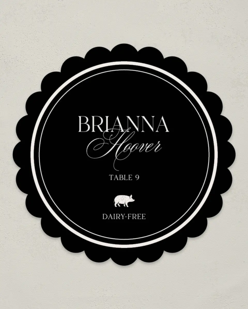 This is a 3.5" Circle Wedding Place Card called Greenwich printed in full color on Premium Smooth paper