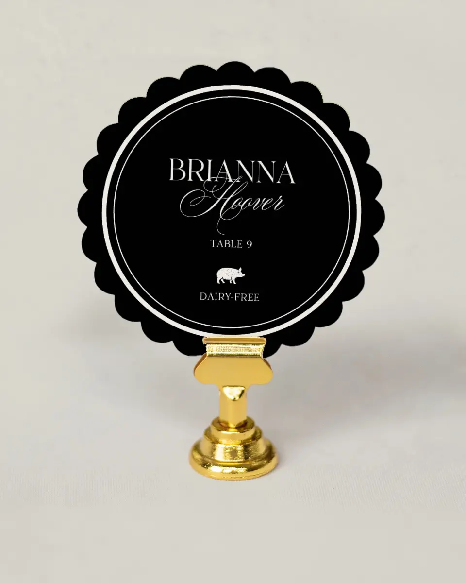 This is a 3.5" Circle Wedding Place Card called Greenwich printed in full color on Premium Smooth paper