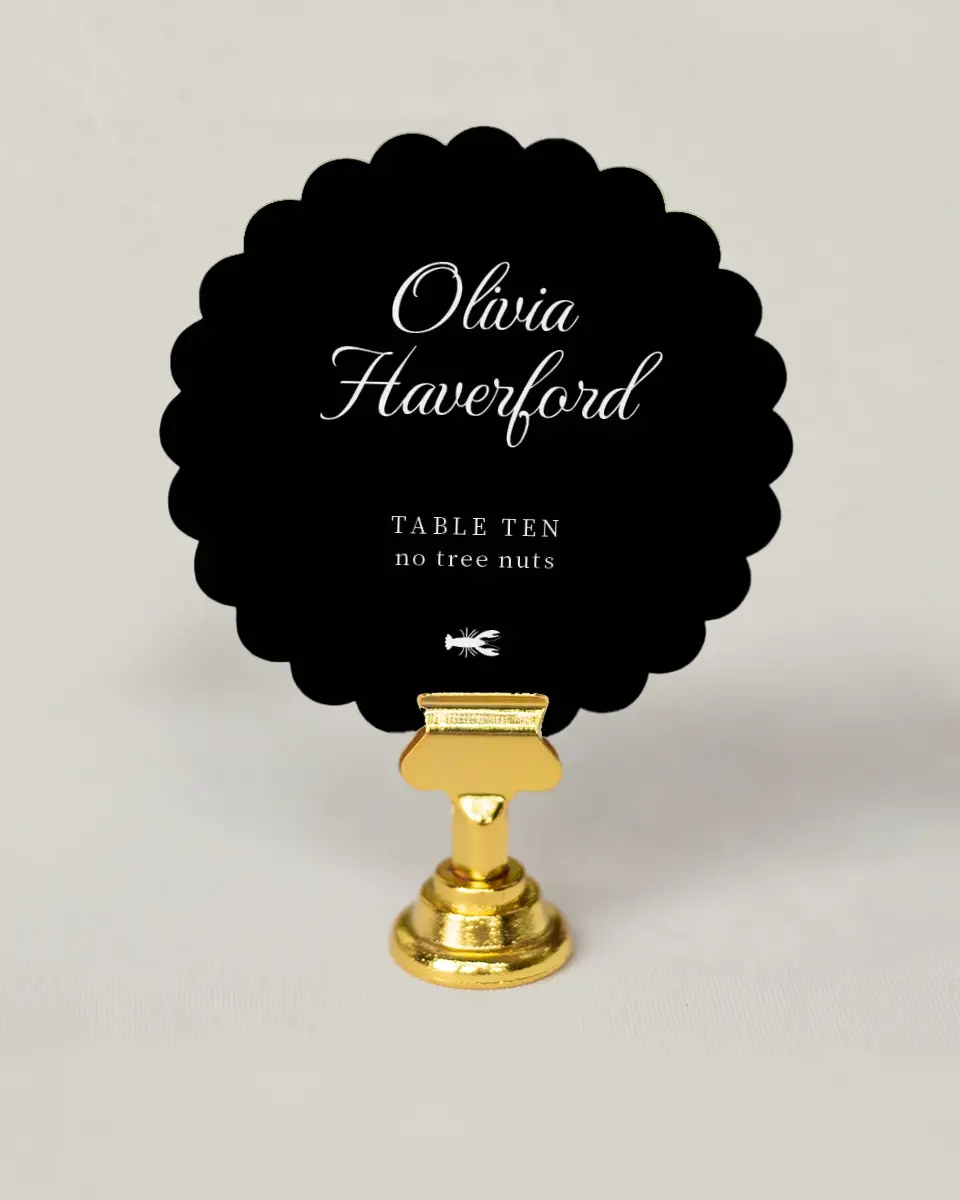 This is a 3.5" Circle Wedding Place Card called Scarsdale printed in full color on Premium Smooth paper