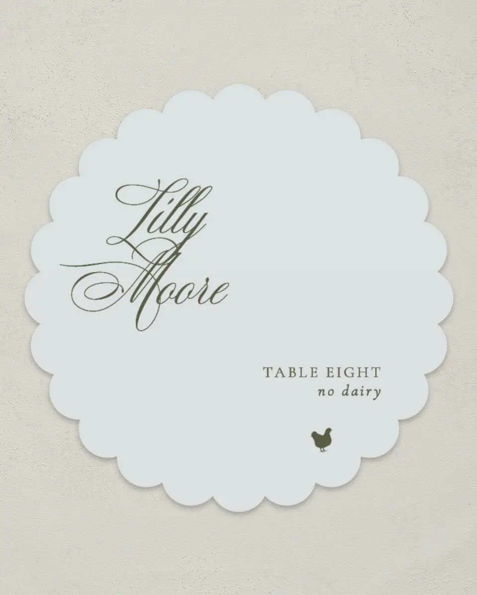 This is a 3.5" Circle Wedding Place Card called Foxfire printed in full color on Premium Smooth paper