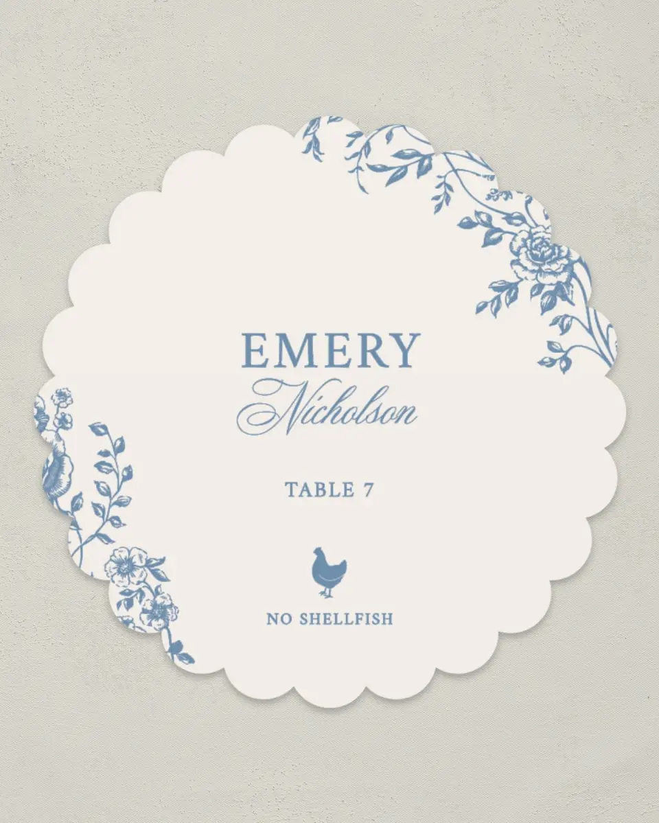 This is a 3.5" Circle Wedding Place Card called Vintage Reverie printed in full color on Premium Smooth paper