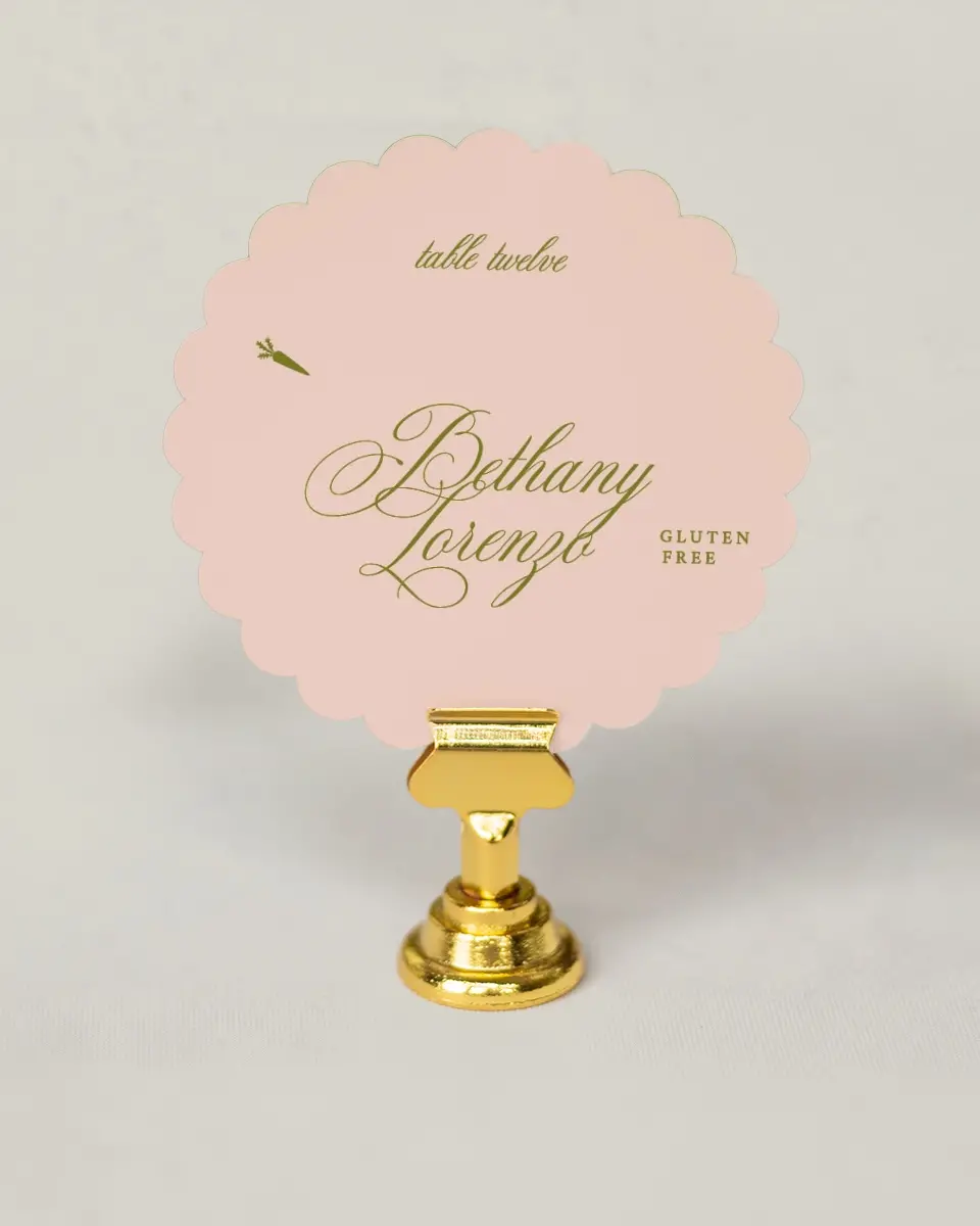 This is a 3.5" Circle Wedding Place Card called Love Off Script printed in full color on Premium Smooth paper