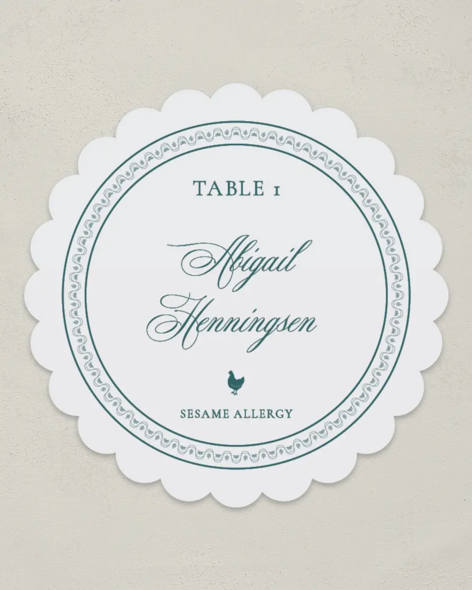 This is a 3.5" Circle Wedding Place Card called Delicate Vintage printed in full color on Premium Smooth paper