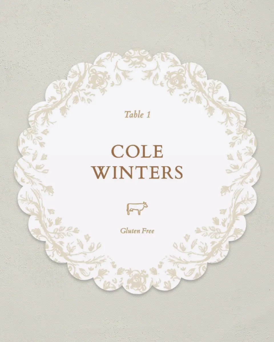 This is a 3.5" Circle Wedding Place Card called Soft Branchlets printed in full color on Premium Smooth paper