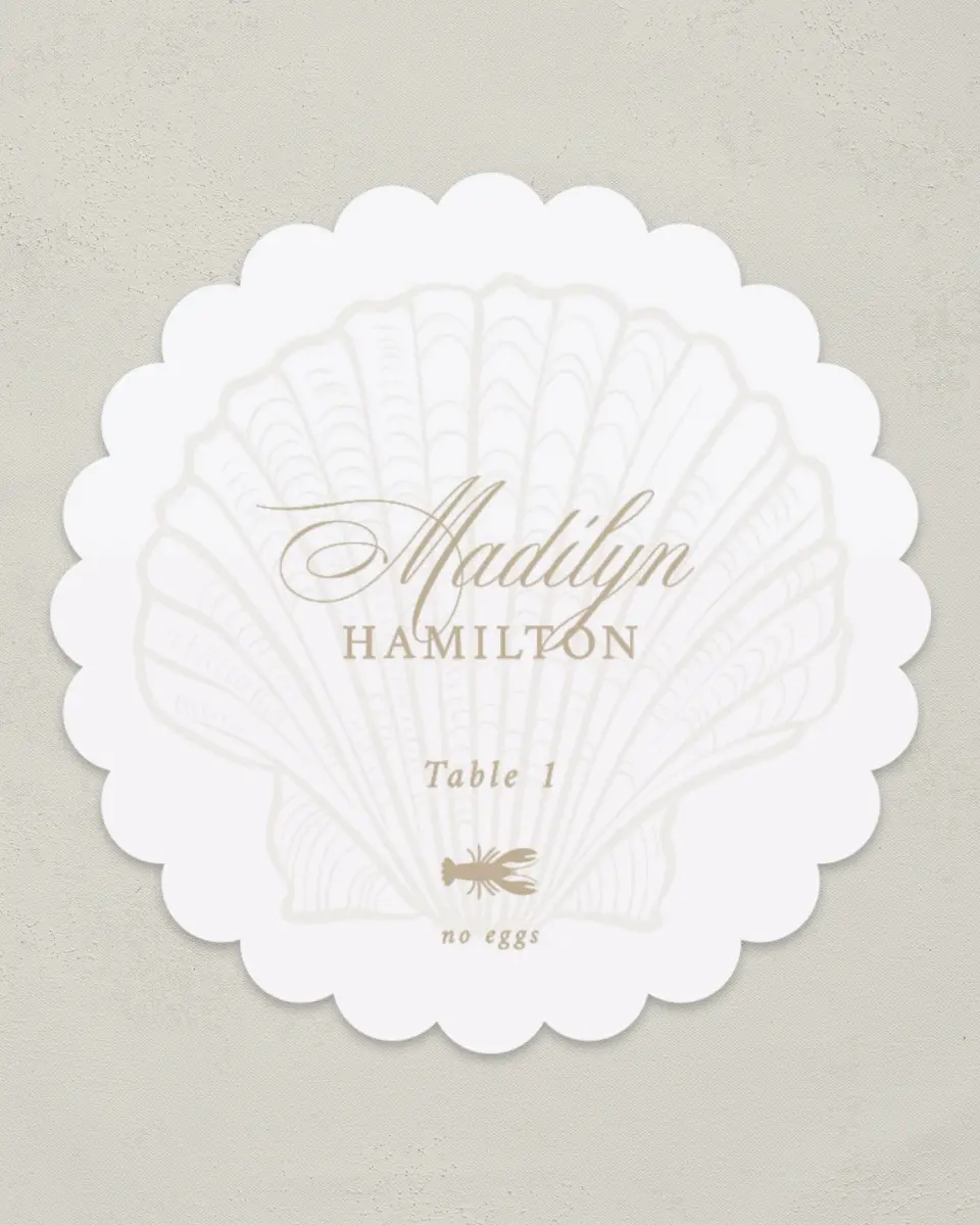 This is a 3.5" Circle Wedding Place Card called Elegant Shell printed in full color on Premium Smooth paper