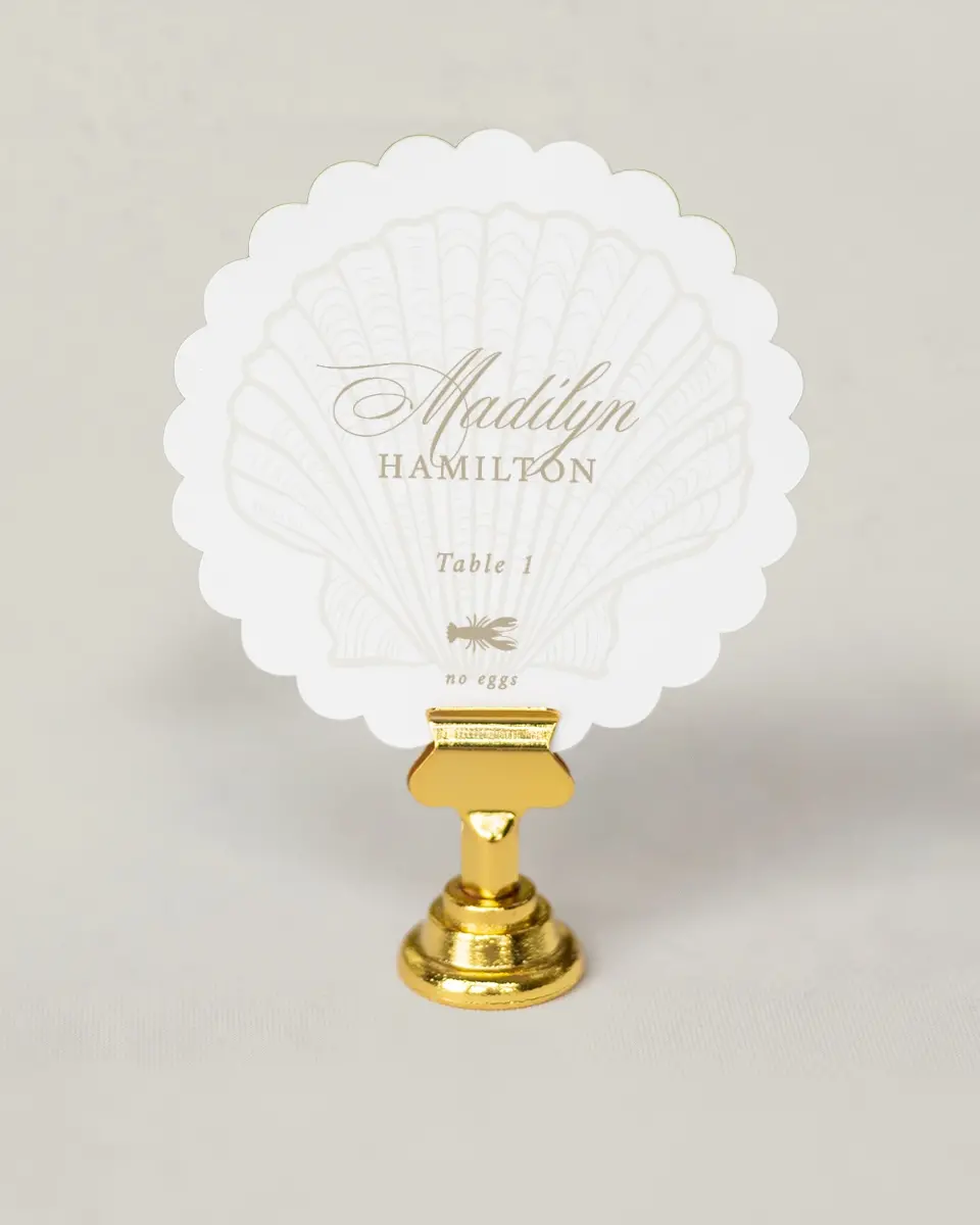 This is a 3.5" Circle Wedding Place Card called Elegant Shell printed in full color on Premium Smooth paper