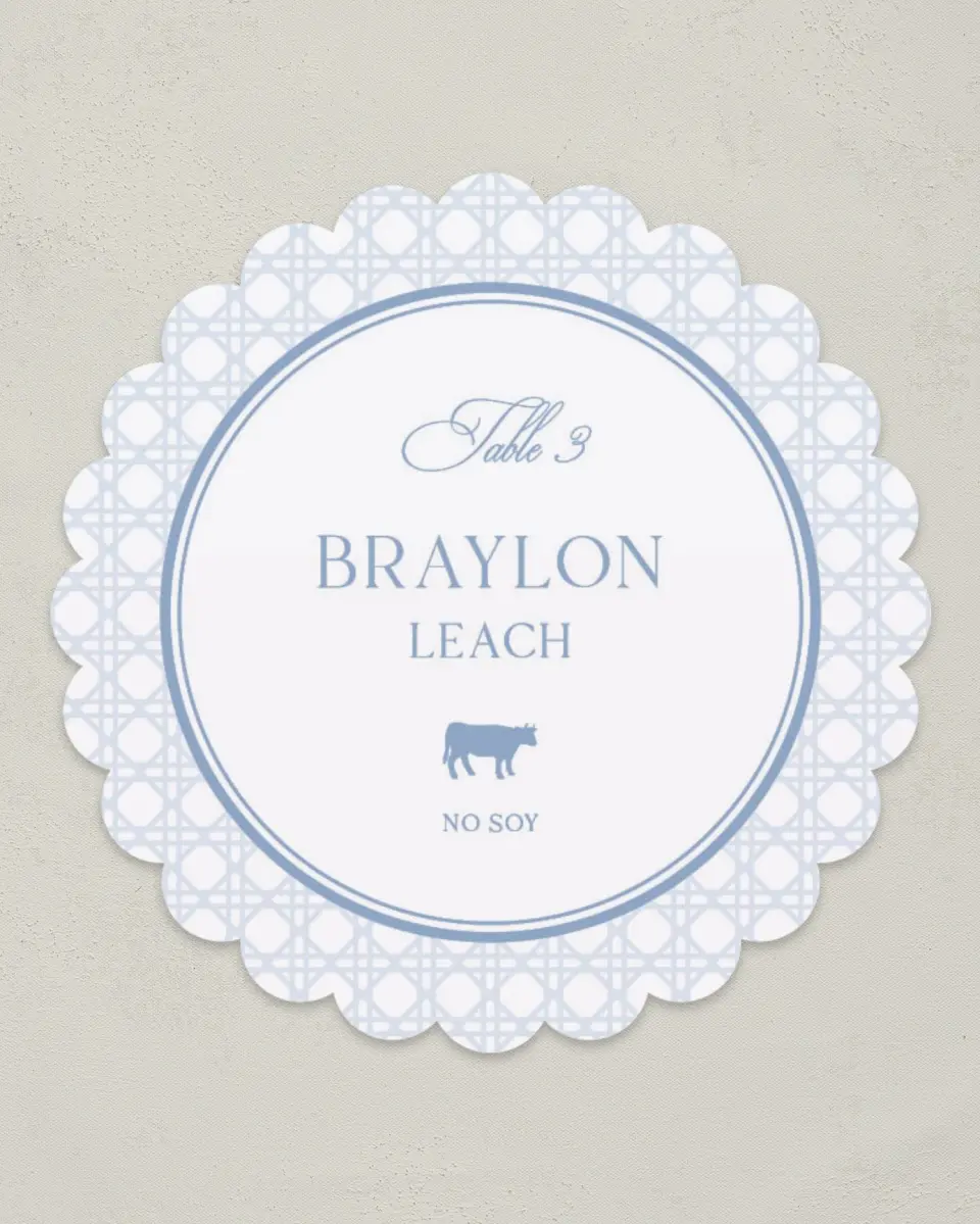 This is a 3.5" Circle Wedding Place Card called Woven Serenity printed in full color on Premium Smooth paper