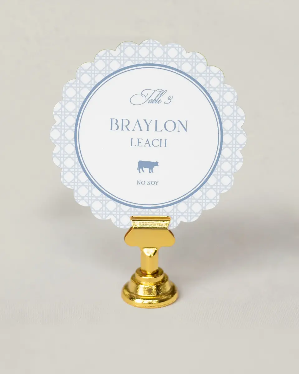 This is a 3.5" Circle Wedding Place Card called Woven Serenity printed in full color on Premium Smooth paper