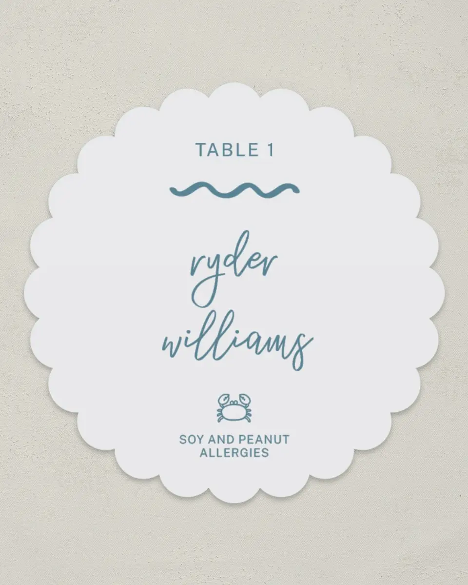 This is a 3.5" Circle Wedding Place Card called I Hear Wedding Shells printed in full color on Premium Smooth paper