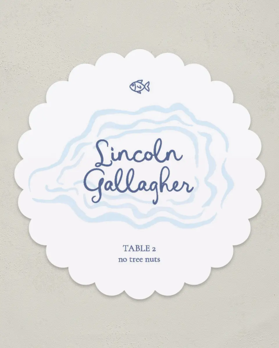 This is a 3.5" Circle Wedding Place Card called Love by the Sea printed in full color on Premium Smooth paper