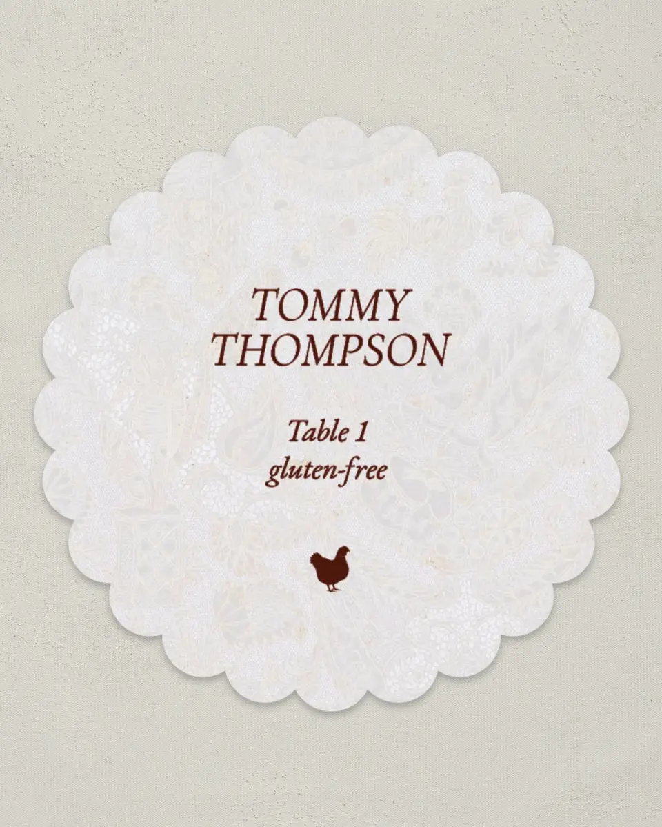 This is a 3.5" Circle Wedding Place Card called Trimmed Lace printed in full color on Premium Smooth paper