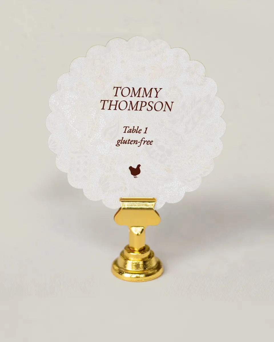 This is a 3.5" Circle Wedding Place Card called Trimmed Lace printed in full color on Premium Smooth paper