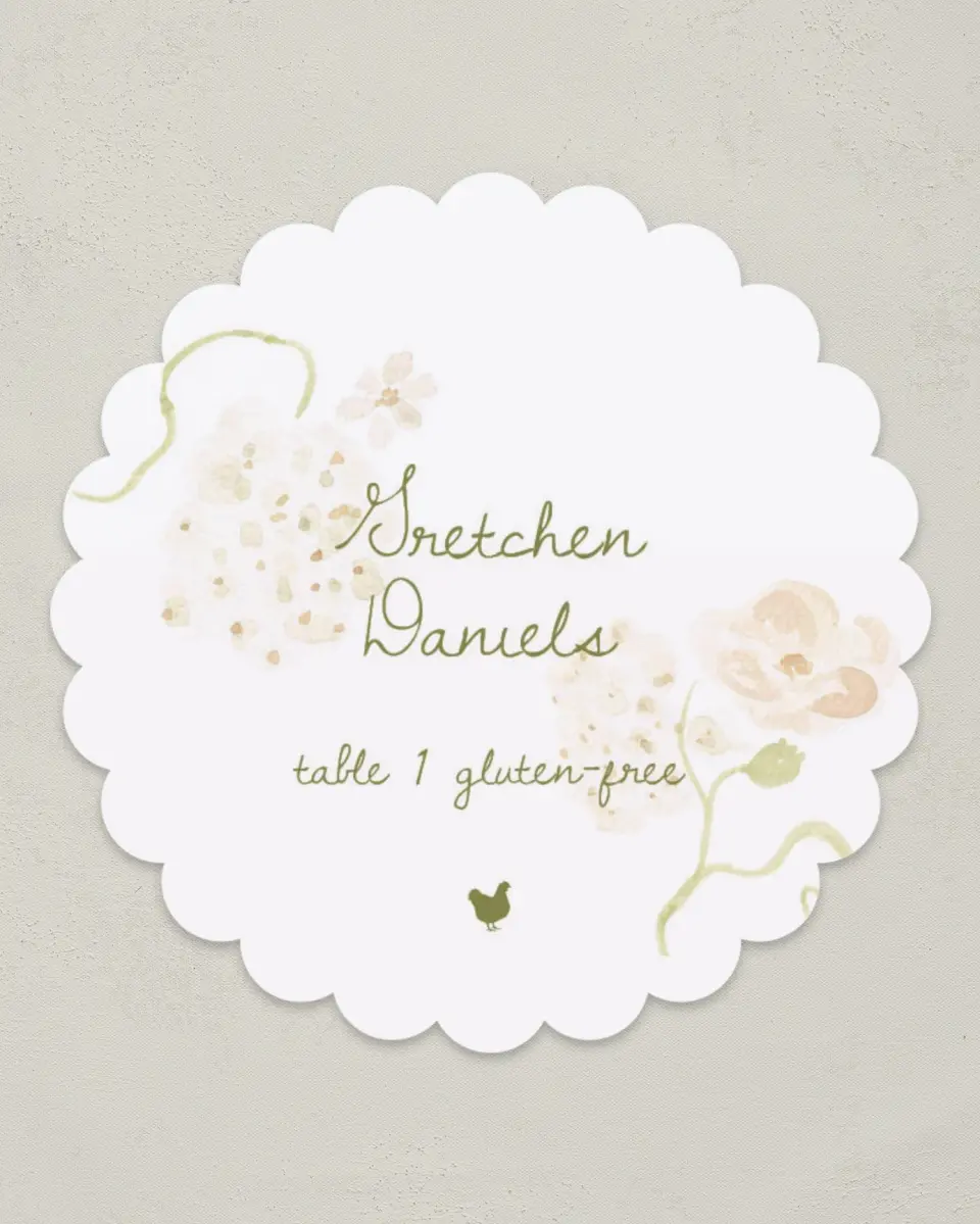 This is a 3.5" Circle Wedding Place Card called Soft Garden Vows printed in full color on Premium Smooth paper