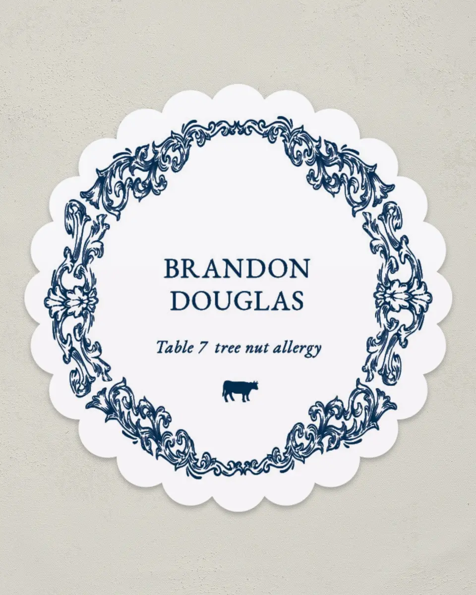 This is a 3.5" Circle Wedding Place Card called Heirloom Crest printed in full color on Premium Smooth paper