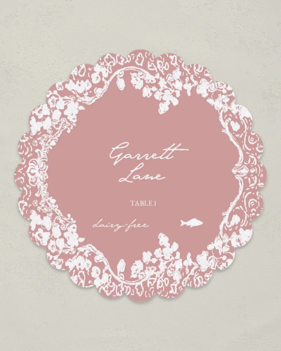 This is a 3.5" Circle Wedding Place Card called Verdant Romance printed in full color on Premium Smooth paper
