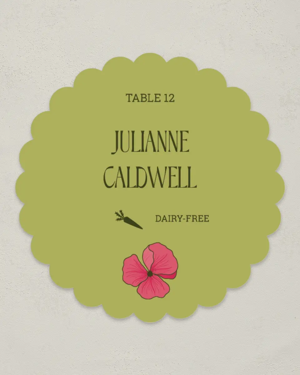This is a 3.5" Circle Wedding Place Card called Nouveau Romance printed in full color on Premium Smooth paper