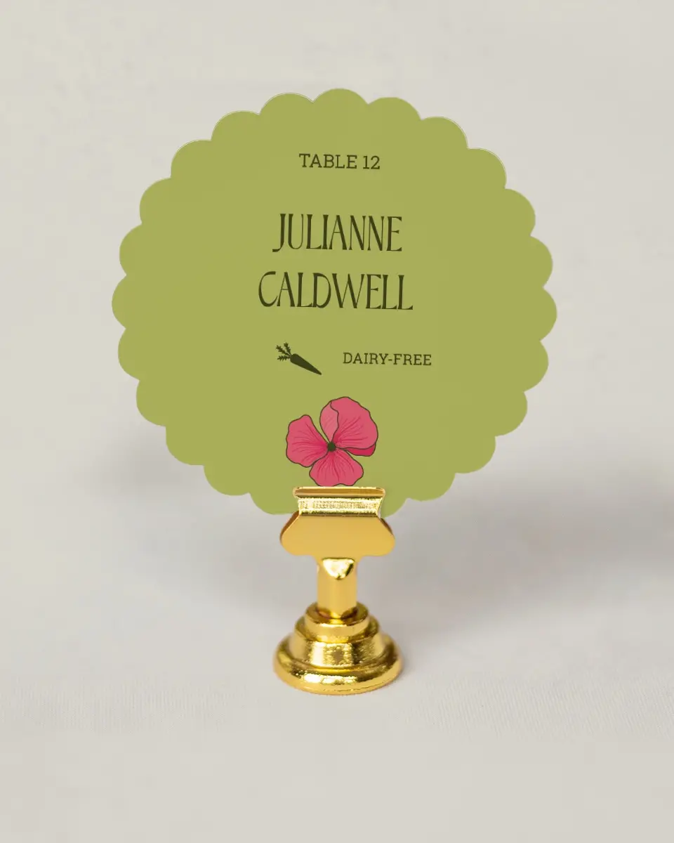This is a 3.5" Circle Wedding Place Card called Nouveau Romance printed in full color on Premium Smooth paper