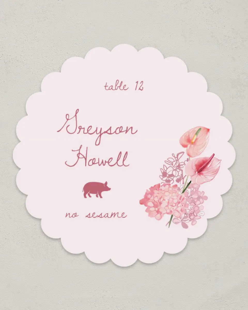 This is a 3.5" Circle Wedding Place Card called Blushing Whimsy printed in full color on Premium Smooth paper