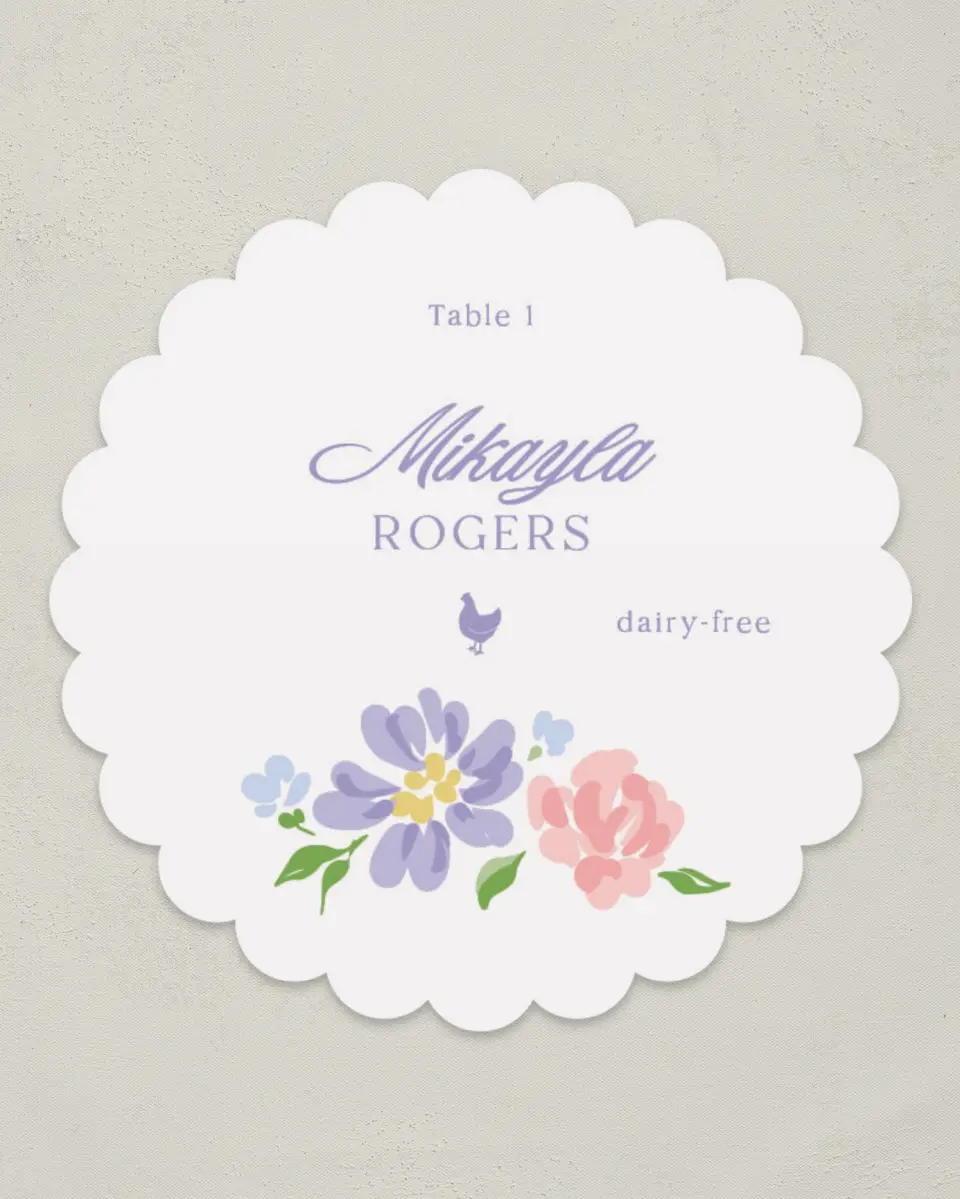 This is a 3.5" Circle Wedding Place Card called Gentle Garden printed in full color on Premium Smooth paper