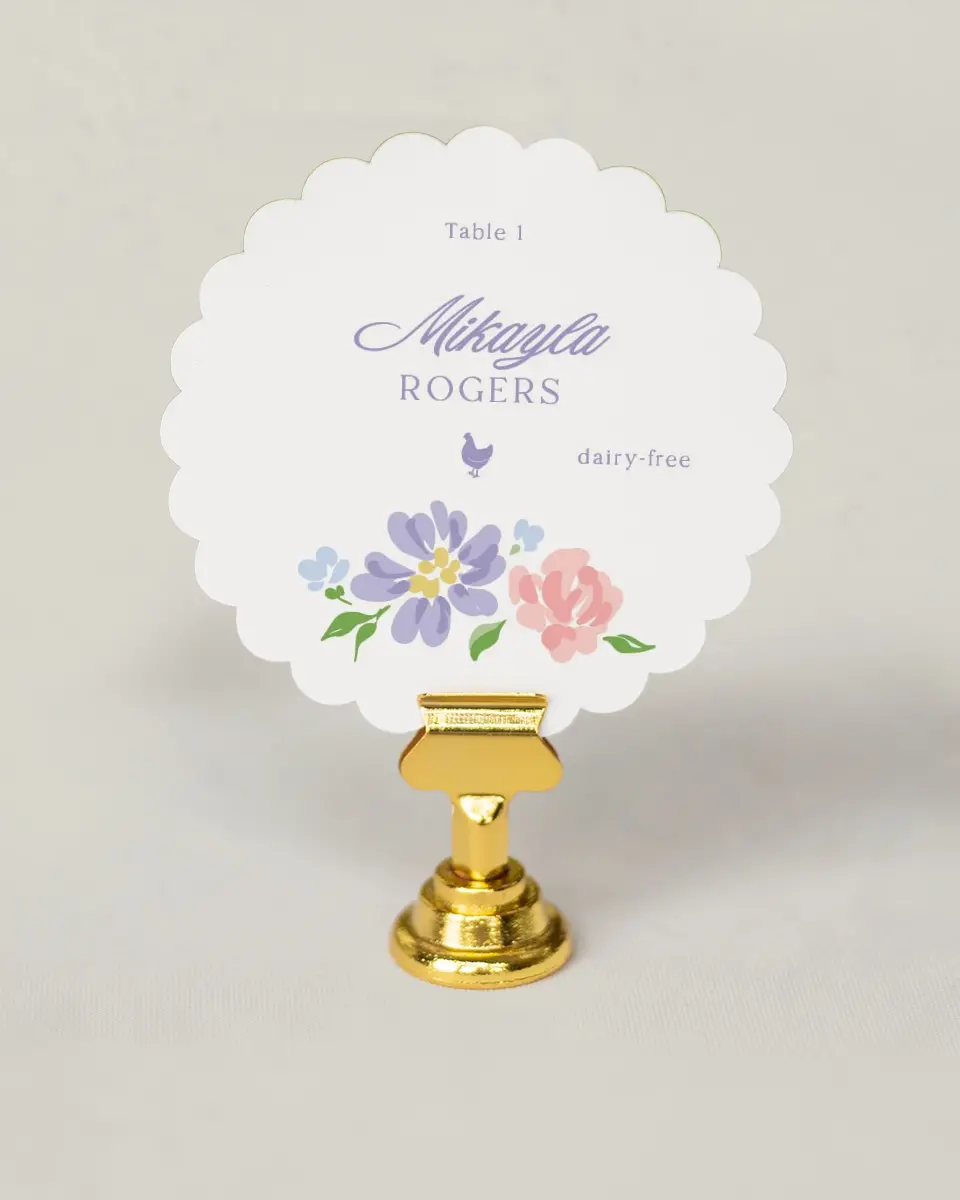 This is a 3.5" Circle Wedding Place Card called Gentle Garden printed in full color on Premium Smooth paper
