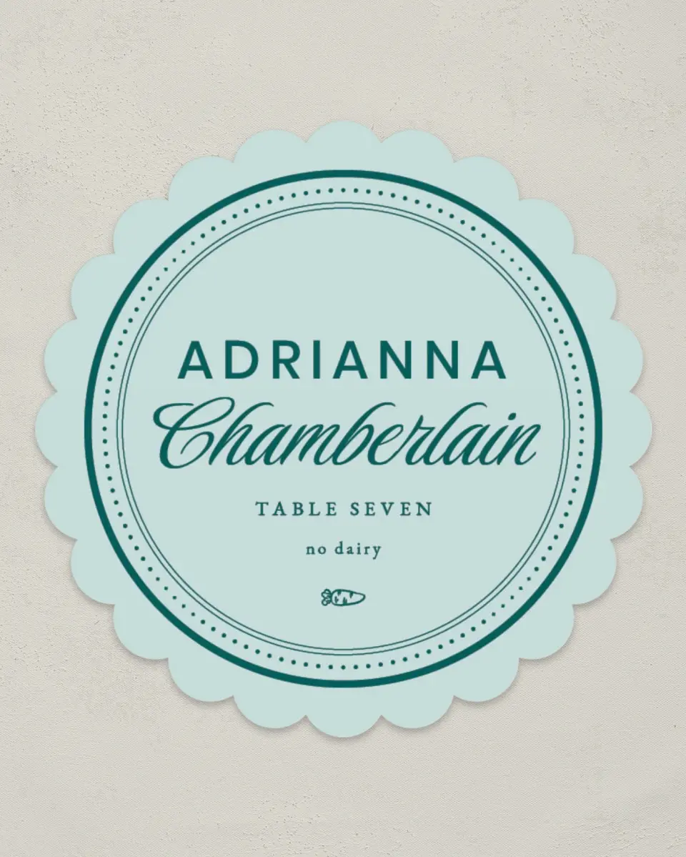 This is a 3.5" Circle Wedding Place Card called Faithful Frame printed in full color on Premium Smooth paper