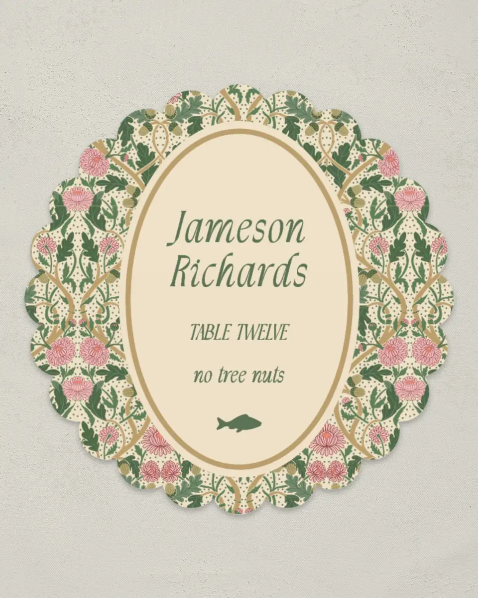 This is a 3.5" Circle Wedding Place Card called Regal Garden printed in full color on Premium Smooth paper