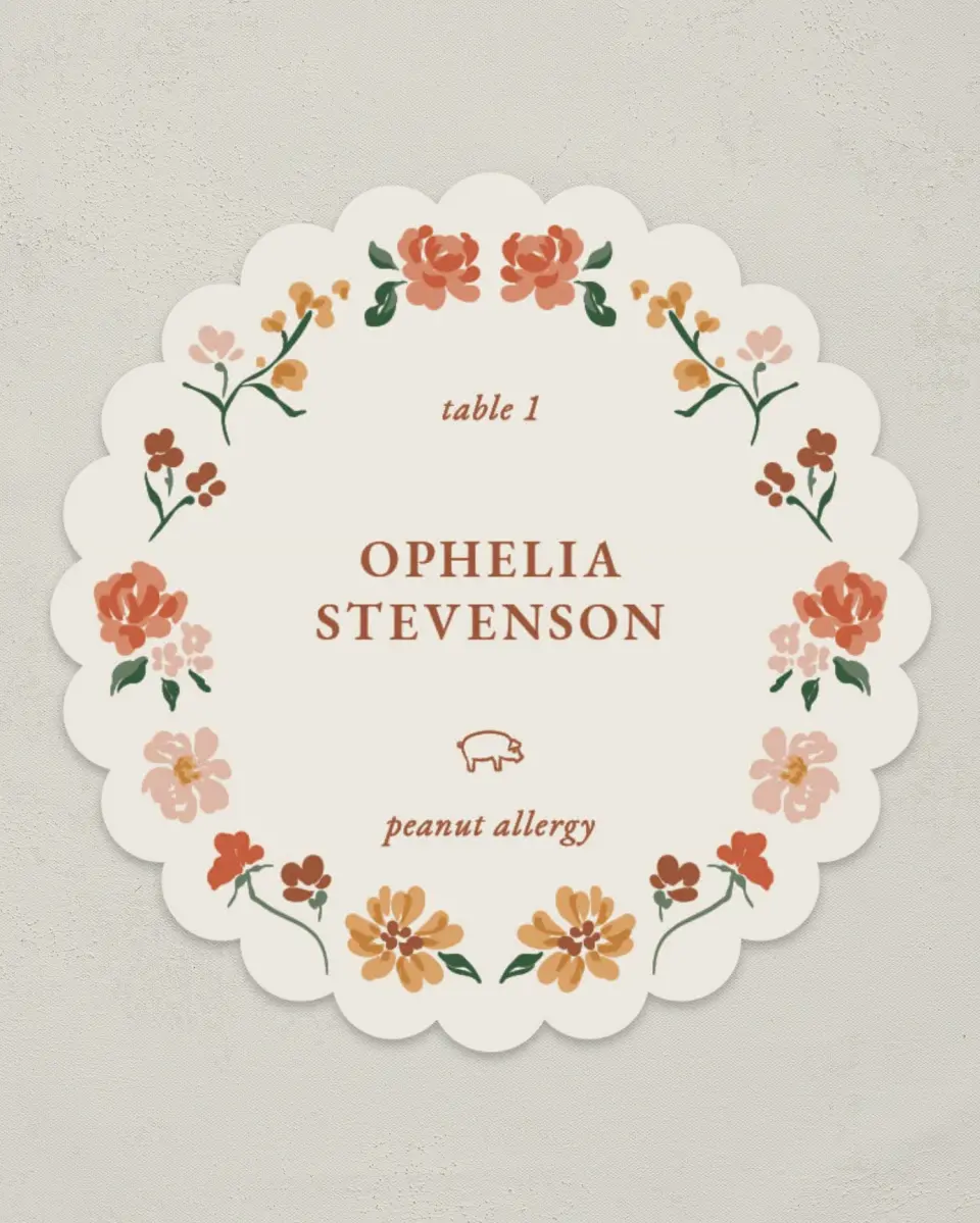 This is a 3.5" Circle Wedding Place Card called Plush Petals printed in full color on Premium Smooth paper
