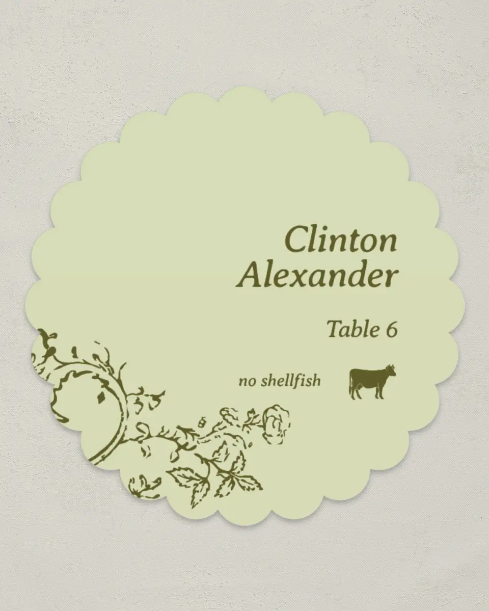 This is a 3.5" Circle Wedding Place Card called Vintage Chinoiserie printed in full color on Premium Smooth paper