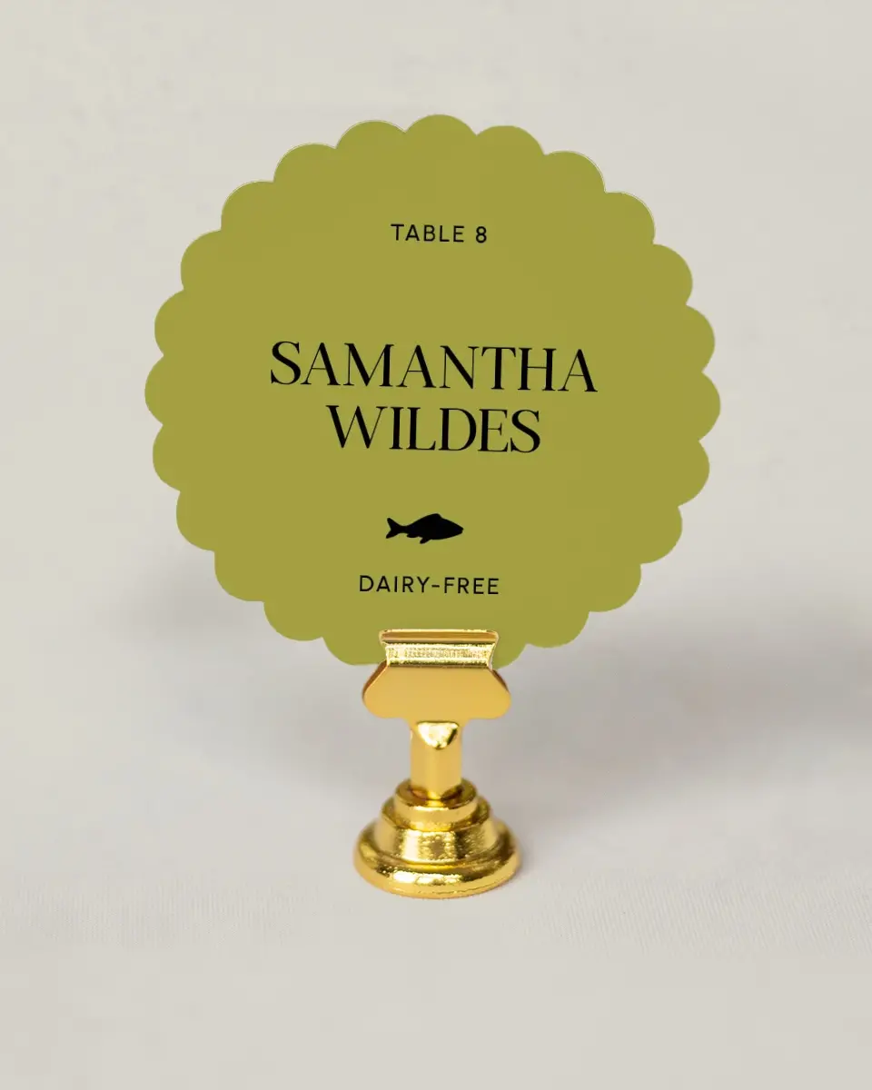 This is a 3.5" Circle Wedding Place Card called The Mallory printed in full color on Premium Smooth paper