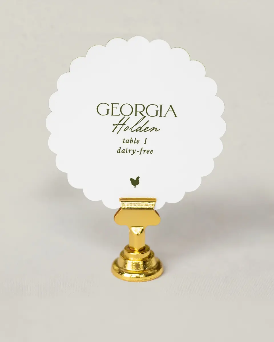 This is a 3.5" Circle Wedding Place Card called The Georgia printed in full color on Premium Smooth paper