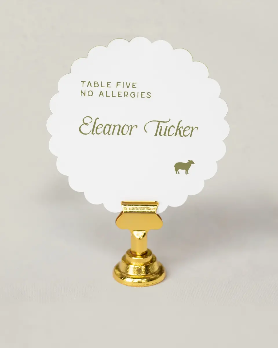 This is a 3.5" Circle Wedding Place Card called The Rosemary printed in full color on Premium Smooth paper