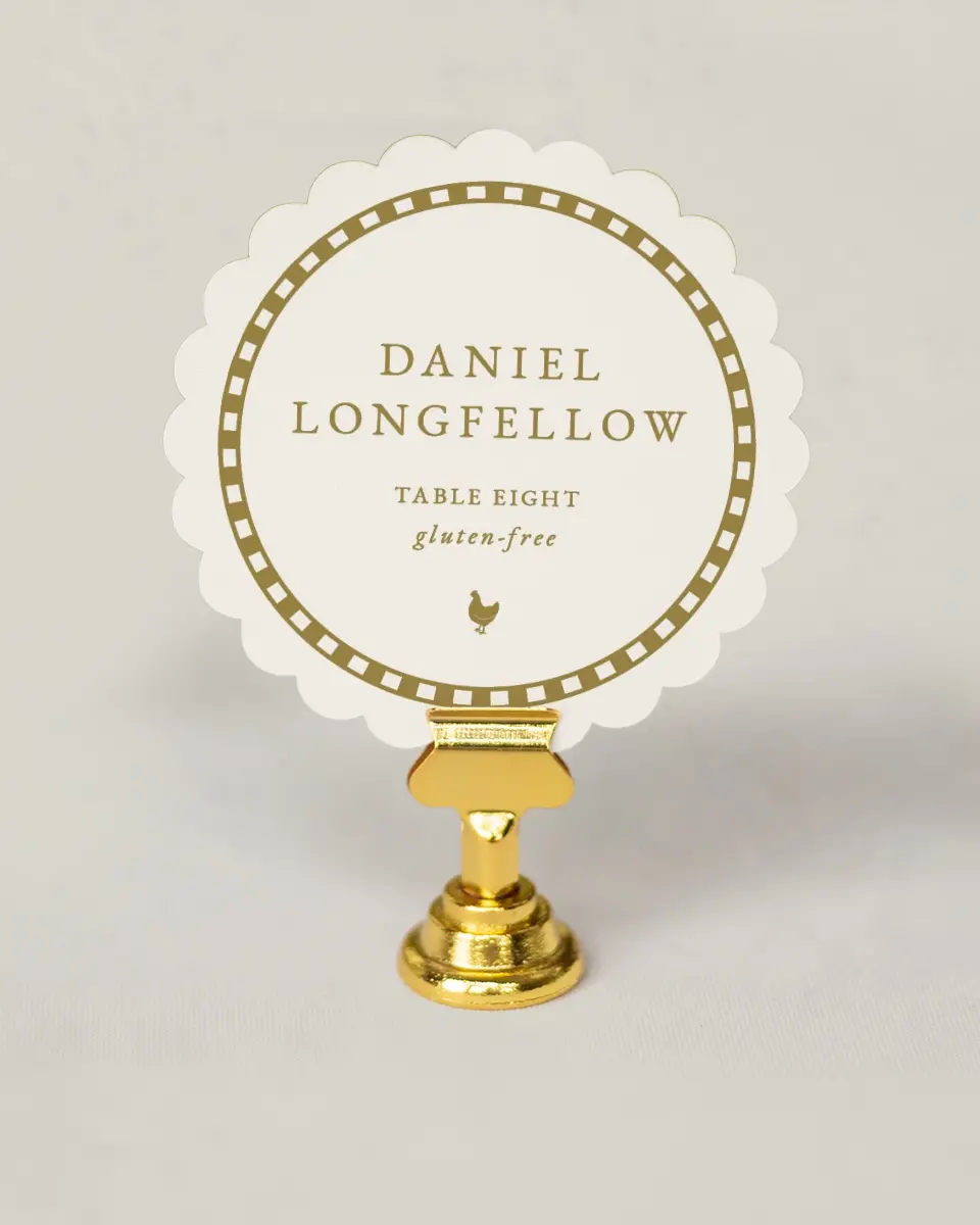 This is a 3.5" Circle Wedding Place Card called The Jillian printed in full color on Premium Smooth paper