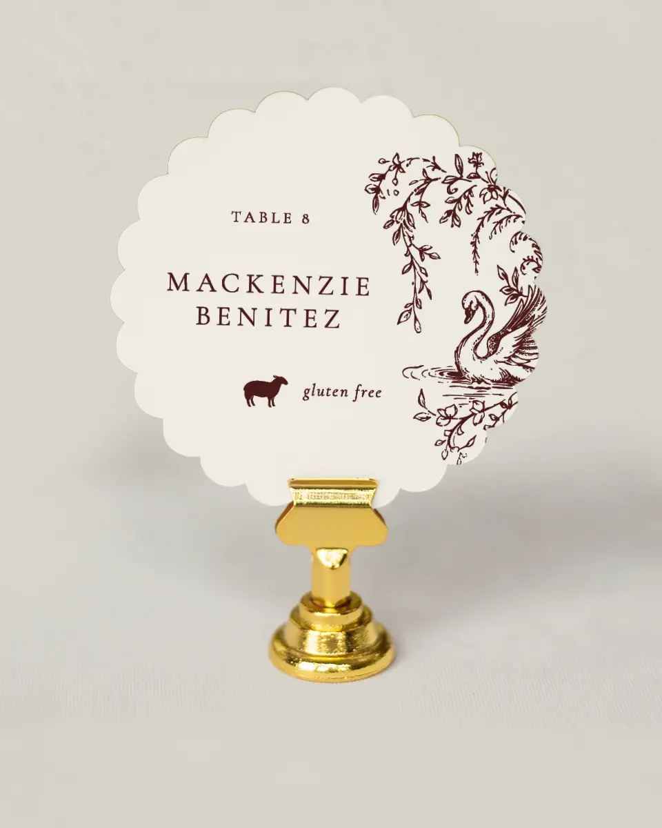 This is a 3.5" Circle Wedding Place Card called Swan Song printed in full color on Premium Smooth paper