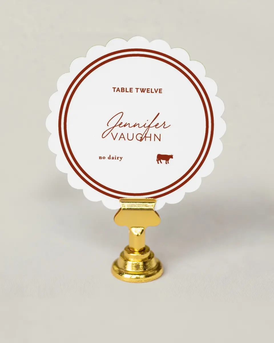 This is a 3.5" Circle Wedding Place Card called The Chelsea printed in full color on Premium Smooth paper