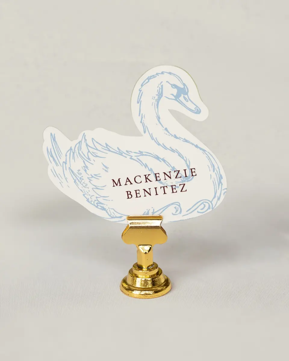 This is a 3.25" x 3.5" Wedding Place Card called Swan Song printed in full color on Premium Smooth paper