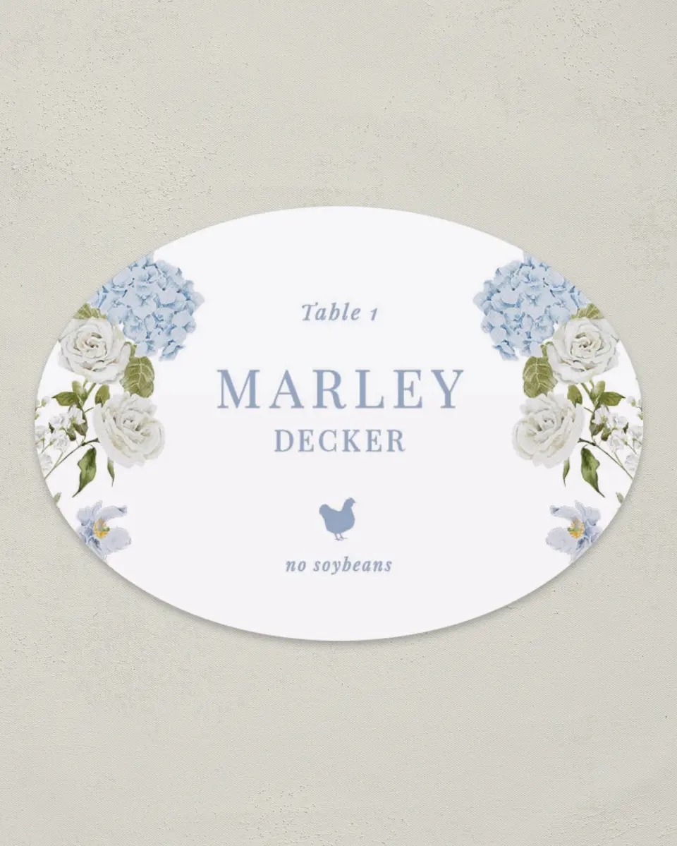 This is a 2.5" x 3.5" Wedding Place Card called Blue Blossoms printed in full color on Premium Smooth paper