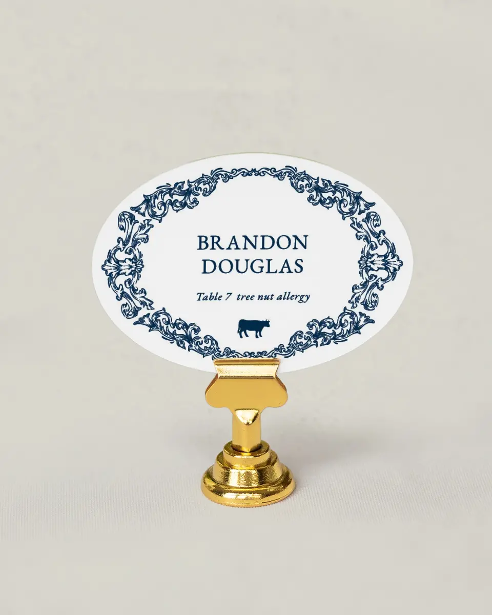 This is a 2.5" x 3.5" Wedding Place Card called Heirloom Crest printed in full color on Premium Smooth paper