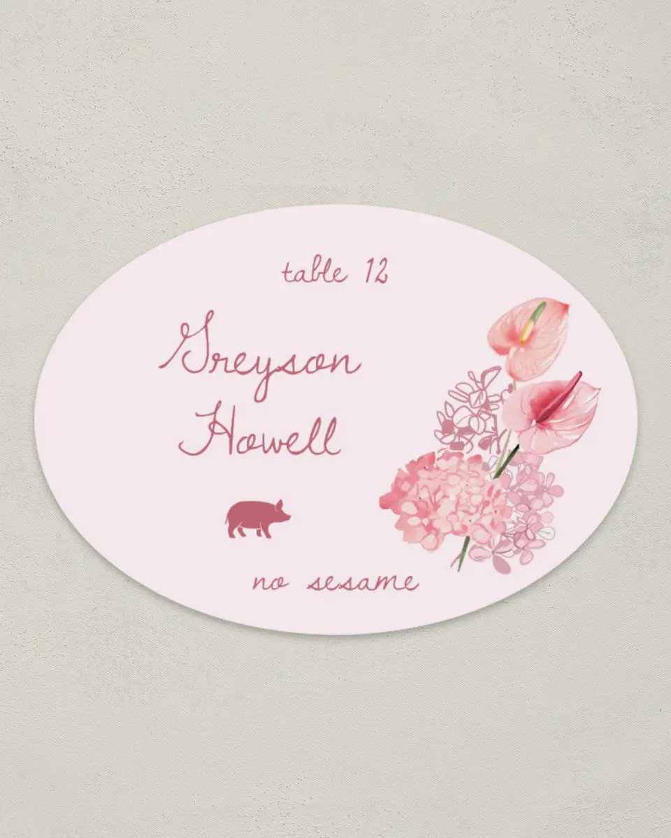 This is a 2.5" x 3.5" Wedding Place Card called Blushing Whimsy printed in full color on Premium Smooth paper