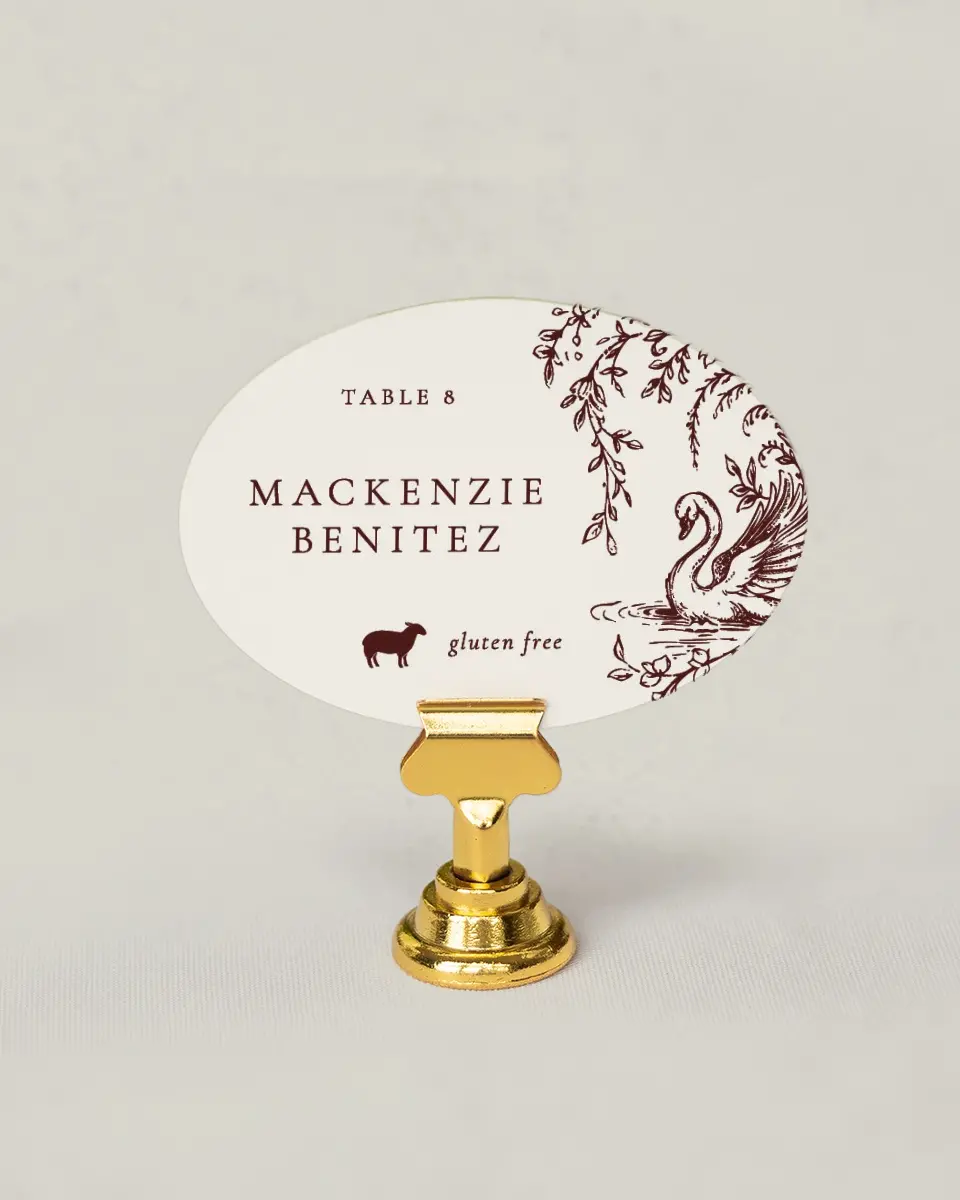 This is a 2.5" x 3.5" Wedding Place Card called Swan Song printed in full color on Premium Smooth paper