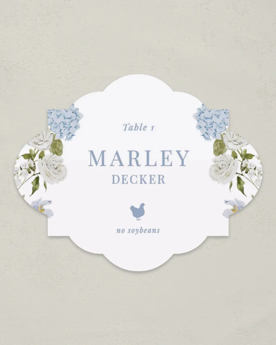 This is a 2.75" x 3.5" Wedding Place Card called Blue Blossoms printed in full color on Premium Smooth paper