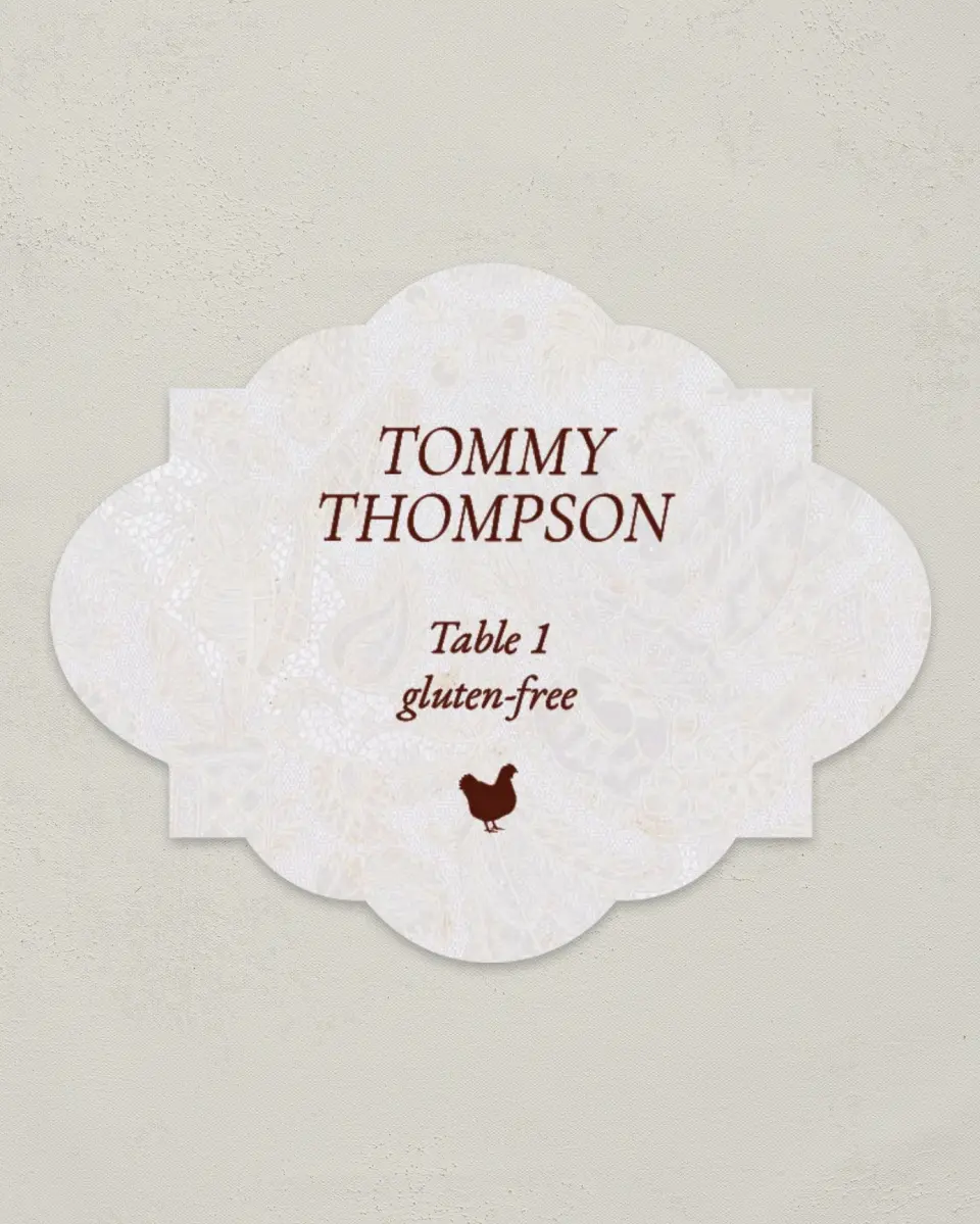 This is a 2.75" x 3.5" Wedding Place Card called Trimmed Lace printed in full color on Premium Smooth paper