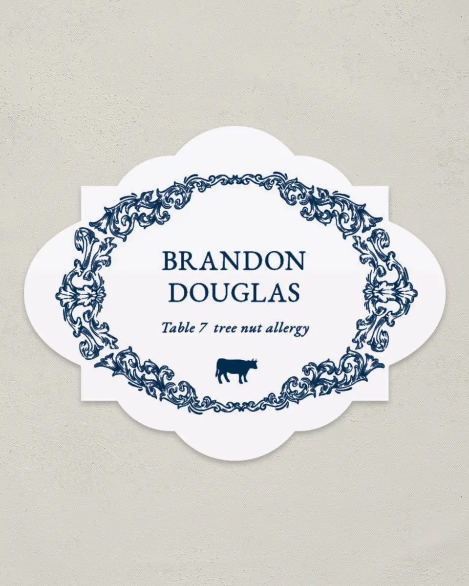 This is a 2.75" x 3.5" Wedding Place Card called Heirloom Crest printed in full color on Premium Smooth paper