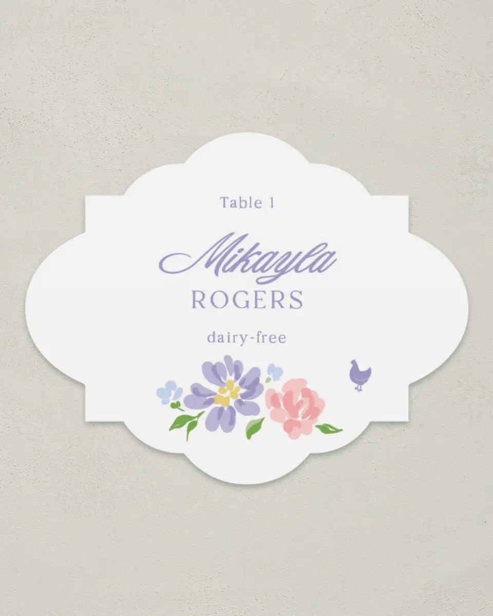 This is a 2.75" x 3.5" Wedding Place Card called Gentle Garden printed in full color on Premium Smooth paper